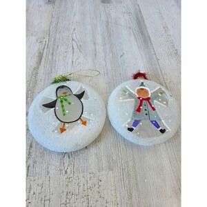 Vintage glass snow angel ornament medallion glitter Xmas tree penguin‎ girl